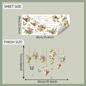 Size layout guide for floral butterfly wall decals showing sheet and finish dimensions