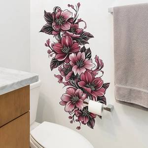 Stickers muraux fleurs roses pour décoration de salle de bain sur mur blanc