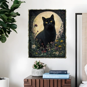 Artistic oil painting tapestry featuring a black cat and full moon for home wall decor