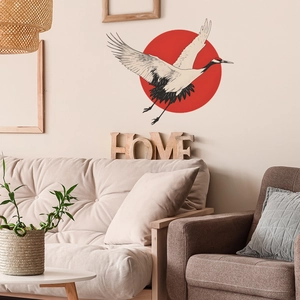 Oriental style wall sticker featuring a flying crane and red sun in a modern living room