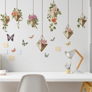 Hanging Flower Basket Butterfly Wall Stickers PVC Floral Geometric Plant Decals For Living Room Bedroom Home Decoration