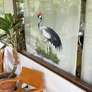 Translucent glass window film with elegant red-crowned crane design for home decor