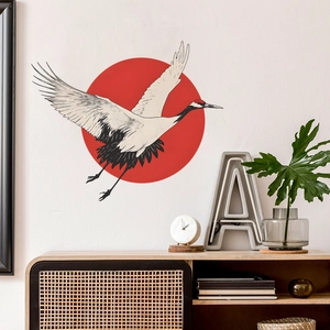 Japanese style wall sticker with red sun and flying crane for minimalist home decor