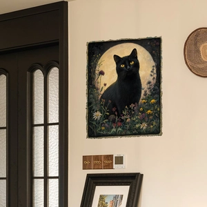 Artistic woven tapestry featuring a mystical black cat and full moon for wall decoration