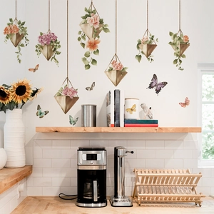 Floral hanging baskets and colorful butterfly wall stickers for modern home kitchen decor