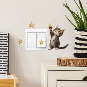 Cartoon tabby cat with golden stars wall sticker for home switch decoration in cozy room