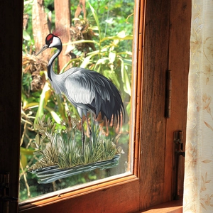 Decorative window film with realistic red-crowned crane and water grass on glass panel