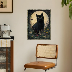 Vintage oil painting black cat and full moon woven tapestry with colorful floral patterns