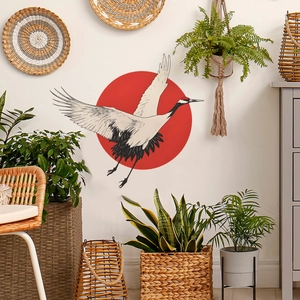 Japanese style red sun and flying cranes wall sticker for living room home decoration