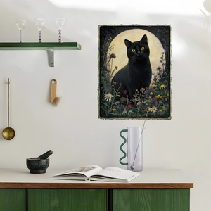 Artistic black cat and full moon tapestry with floral details and fringe for wall decor