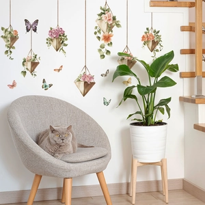 Floral hanging baskets wall stickers with colorful butterflies for living room decor