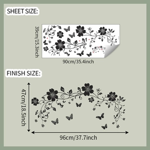 Detail view of black flower vine and butterfly wall sticker with dimensions layout