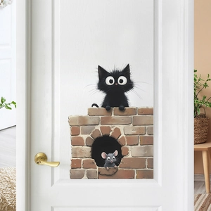 3D Cartoon Black Cat And Mouse Wall Sticker Removable PVC Decorative Decal For Bedroom Living Room Background Home Decor