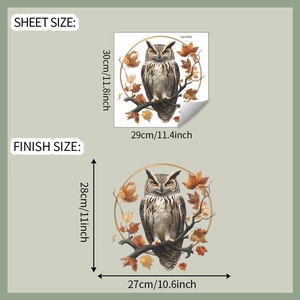 Cartoon owl on autumn branch wall sticker dimensions and layout size specifications