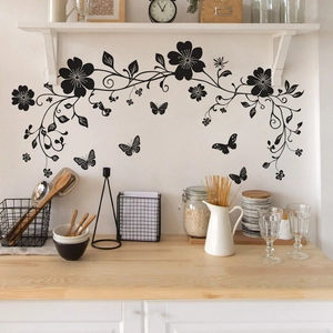 Black Flower Vine Butterfly Wall Decal Removable PVC Wall Sticker For Living Room Bedroom Home Decoration DIY Mural Art