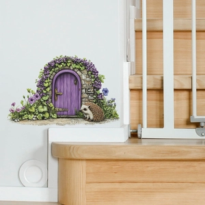 Sticker mural hérisson et porte de jardin violette pour déco créative de chambre