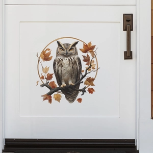 Modern long-eared owl wall sticker with autumn leaves and golden circular frame on white door