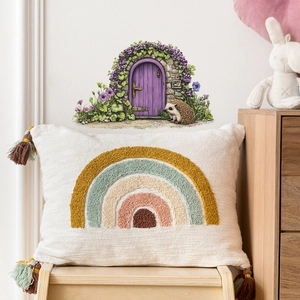 Autocollant Mural Hérisson Dessin Animé Porte de Conte de Fées Violette Motif Floral PVC Imperméable Décor Amovible Chambre Enfant Salon