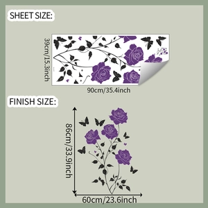 Detail of purple rose and butterfly wall sticker showing sheet and finish dimensions