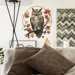 Cartoon owl on tree branch wall sticker with autumn leaves for home living room decor