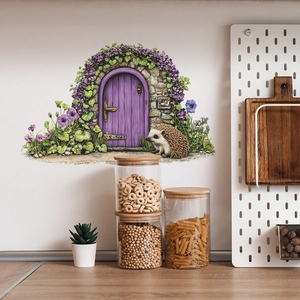 Sticker mural hérisson et porte féerique violette pour décoration de chambre maison