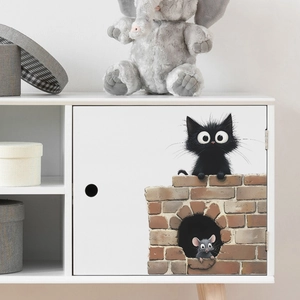 Cartoon black cat and mouse wall sticker for home decor on minimalist white cabinet door