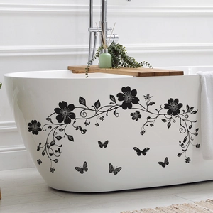 Elegant black floral vine and butterfly wall decals for home bathroom decoration