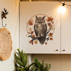 Cartoon owl on tree branch with autumn leaves wall sticker for home decoration
