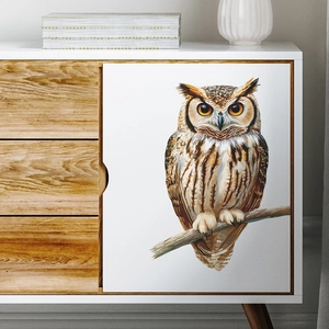 Sticker de meuble hibou réaliste sur porte d'armoire blanche pour décoration d'intérieur