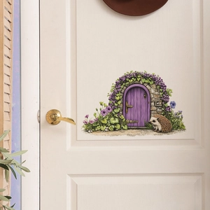 Sticker mural 3D porte de fée violette avec hérisson mignon et cadre en pierre fleurie