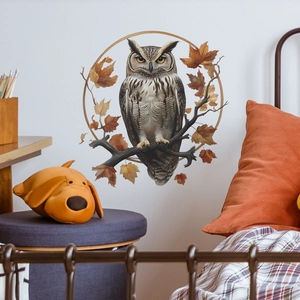Cartoon owl on tree branch wall sticker with autumn leaves and gold ring for home decor
