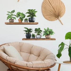Stickers muraux 3D plantes vertes réalistes sur étagères bois pour déco intérieure