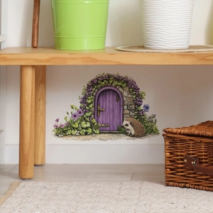 Sticker mural 3D avec porte violette et hérisson pour décoration murale de chambre