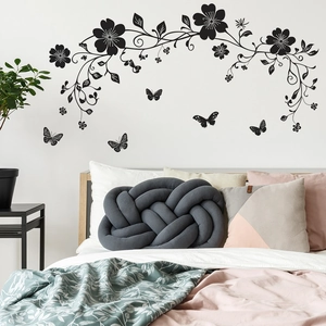 Modern black floral vine and butterfly wall decals for bedroom home background decor