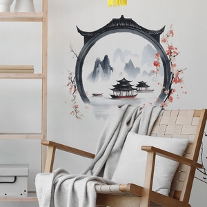 Chinese ink landscape wall sticker with mountains and red plum blossoms for home decor