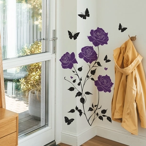 Purple rose flower and butterfly wall decal for home living room decor enhancement