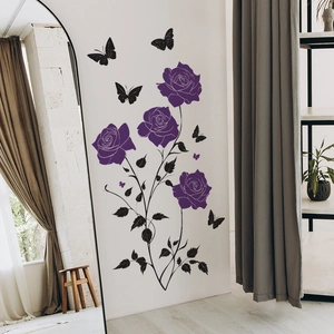 Artistic wall stickers featuring purple roses and black butterflies for living room decor