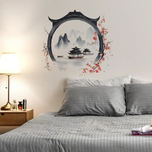 Chinese style watercolor wall sticker featuring mountain landscapes and moon gate window
