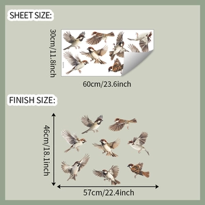 Detail showing sheet and finish dimensions for colorful sparrow wall stickers
