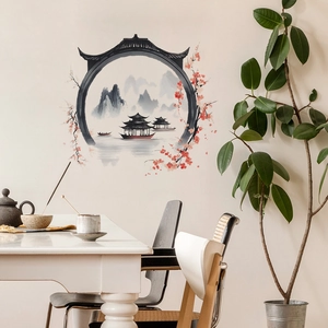 Chinese ink landscape wall decal featuring traditional garden arch and mountain scenery