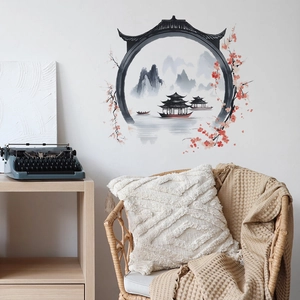 Chinese landscape ink style wall decal featuring a moon gate with mountains and lake
