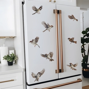 Realistic colorful bird wall stickers set for kitchen and home decor on white fridge