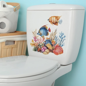 Detail of watercolor ocean theme toilet sticker with tropical fish and coral reef