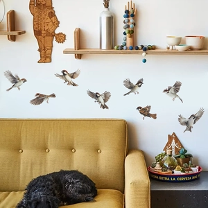 Set of 8 realistic hand-painted sparrow wall stickers for living room decor