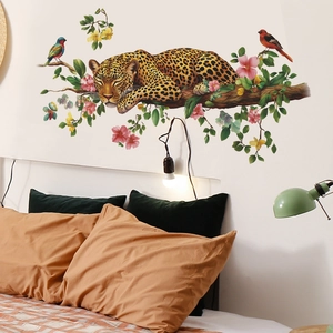 Artistic leopard wall sticker with flowers and birds for bedroom home wall decor