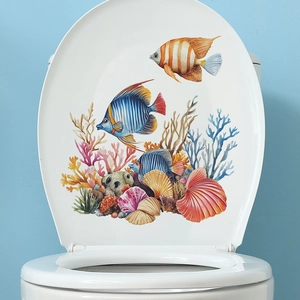 Vibrant underwater coral and tropical fish watercolor decals on white toilet lid decor