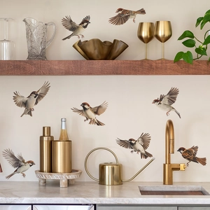 Hand Painted Bird Wall Stickers PVC Realistic Sparrow Wall Decals For Kitchen Dining Room Home Background Decoration
