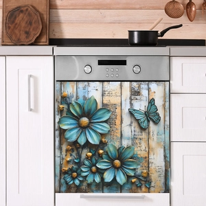3D floral relief wall sticker with butterfly on wood texture for kitchen appliances