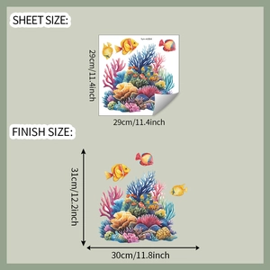 Detailed sheet and finish size layout of tropical fish and coral reef toilet stickers