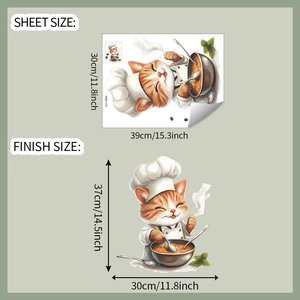 Detailed size chart for cartoon cat chef wall sticker showing layout and finished dimensions